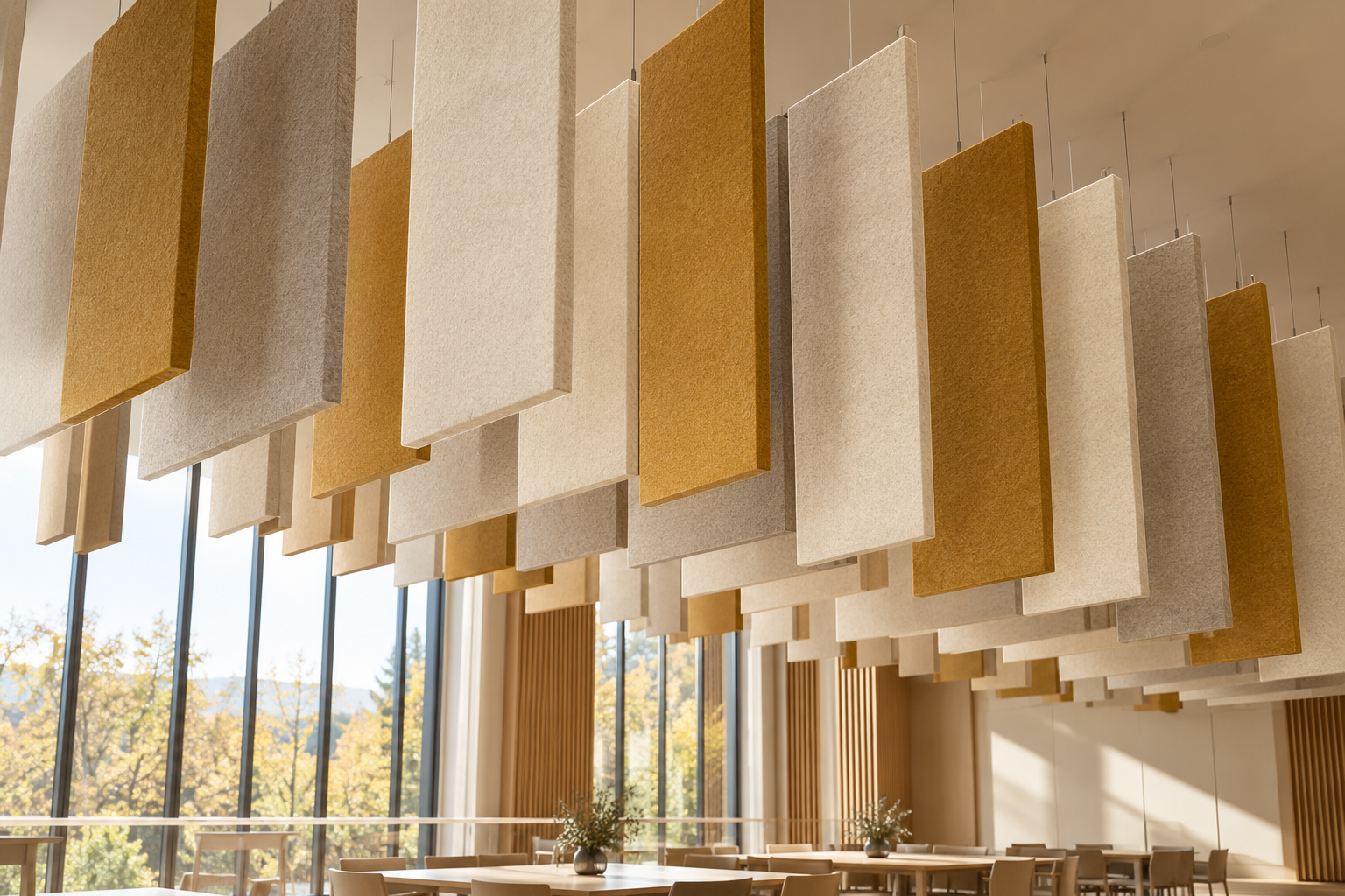 Illustrative acoustic ceiling baffles in warm gold and cream finishes